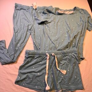 Felina Polka Dot Pajama Set Top and Pants Shorts L G Aqua Blue NWOT
